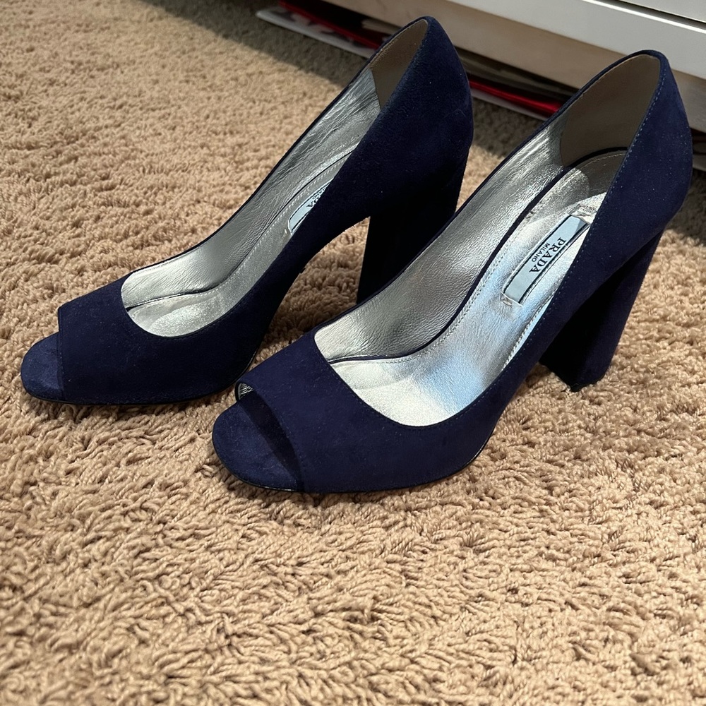 Preowned Prada authentic navy blue suede peep-toe heels